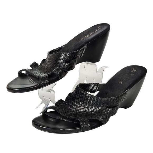 Womens 8.5 Black Leather Open Toe Chunky Heel Slip-on Work Business Casual Comfy - Picture 6 of 15